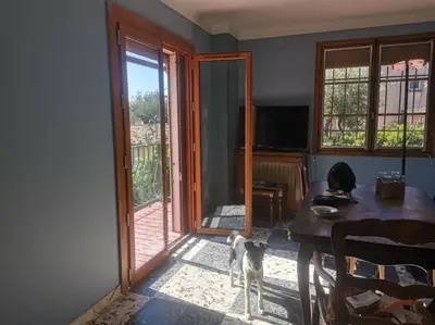 a dog standing in a living room with a door open at Maison traditionnelle sur les collines Niçoises in Nice