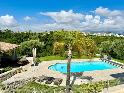 a villa with a swimming pool and a palm tree at Villa SYAGRUS - Easy Home Booking in Nice