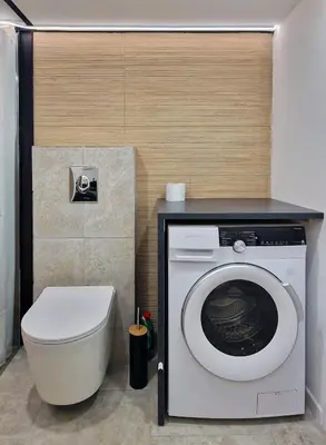 a bathroom with a washing machine and a toilet at Très joli loft au cœur de Nice in Nice