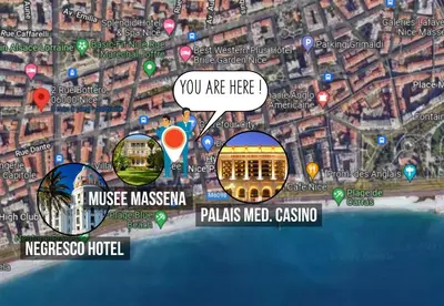 a map of a city with different places on it at Nestor&Jeeves - STUDIO RIVIERA - Central - Very close sea in Nice
