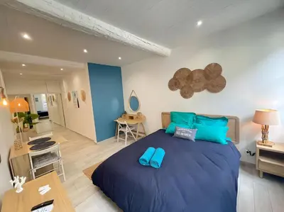 a bedroom with a large bed with blue pillows at Spacieux Loft Cœur Vieux Nice in Nice