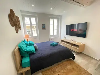 a bedroom with a large bed and a flat screen tv at Spacieux Loft Cœur Vieux Nice in Nice