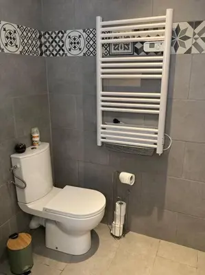 a bathroom with a white toilet in a room at Superbe appartement au calme et vue sur la mer in Cagnes-sur-Mer