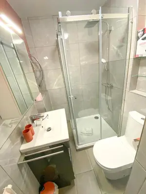 a bathroom with a shower and a sink and a toilet at Rose Garden in Cagnes-sur-Mer