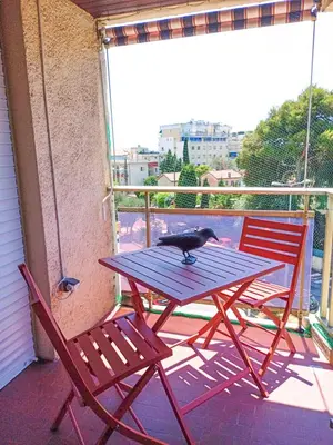 a bird sitting on a picnic table on a balcony at Rose Garden in Cagnes-sur-Mer