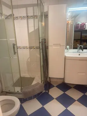 a bathroom with a shower and a toilet and a sink at Studio proche mer avec piscine Cros de cagnes in Cagnes-sur-Mer
