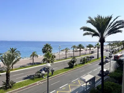 a view of a road with palm trees and the ocean at Promenade-des-anglais-front-sea in Nice