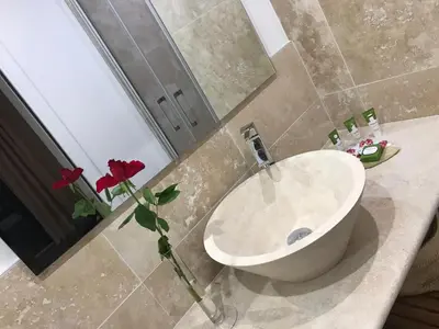 a bathroom with a sink and a vase with a flower at Villa Kilauea B&B in Nice