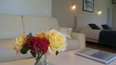 a living room with a vase of flowers on a table at Villa Kilauea B&B in Nice