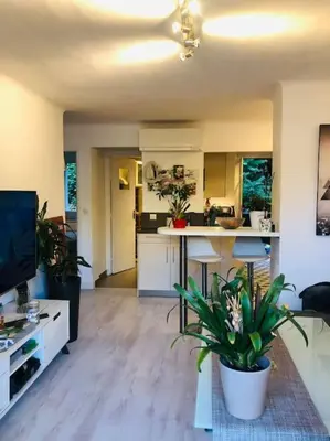 a living room with a kitchen and a living room with plants at Bel appartement - 50m2 à 7 minutes du centre au calme in Nice