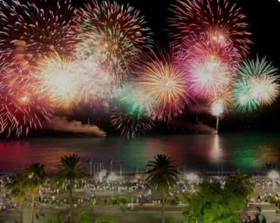 a fireworks display over a body of water with palm trees at Chambre privée confortable à louer chez l habitant proche plage et centre ville de Nice in Nice