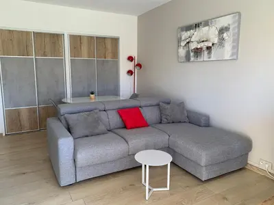a living room with a gray couch with a red pillow at Agréable 2 pièces à 150 m de la mer in Cagnes-sur-Mer