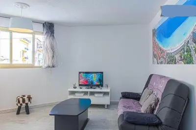 a living room with a couch and a tv at Appartement 3 pièces SoNice au centre de Nice in Nice