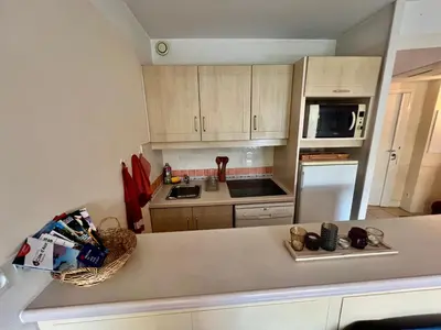 a kitchen with wooden cabinets and a counter top at Nice Seaside Pool and Tennis in Nice