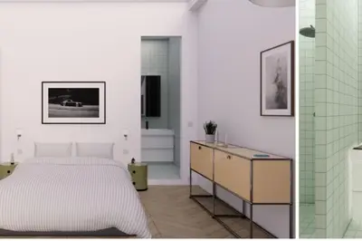 a bedroom with a bed and a bathroom at Luxury flat for 6 in center of Nice By ask me france in Nice