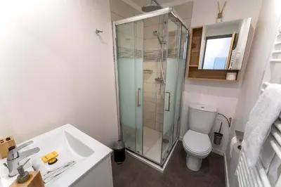 a bathroom with a shower and a toilet and a sink at NICE CENTRE-VILLE STUDIO en étage in Nice