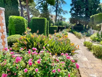 a garden with pink flowers and bushes at Studio grande terrasse à 5 min de la mer in Nice