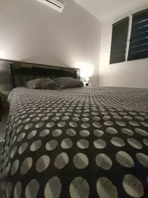a bedroom with a bed with a black and white comforter at Appartement spacieux &très calme. Spacious & very quiet apartment. in Carros