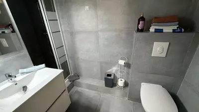 a bathroom with a white toilet and a sink at Appartement T2 coconing, WIFI, INTERNET, CLIM, 300m plage in Nice