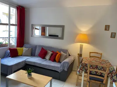 a living room with a blue couch with colorful pillows at Centre ville in Nice