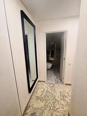 a bathroom with a toilet and a mirror on the wall at Côte d'Azur Oasis Suites in Nice