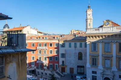 a view of a city with a clock tower at #39 Old Town suite 3 BDR AC Balcony 5mins Walk to Sea in Nice
