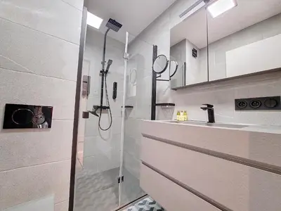 a bathroom with a shower and a sink at Nestor&Jeeves -PERLE DOREE - Terrace - Design in Nice