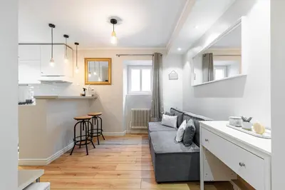 a living room with a couch and a kitchen at Lovely 1 Bdr Port Area in Nice
