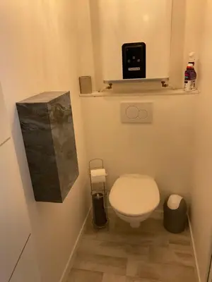 a small bathroom with a white toilet in a room at Studio coin nuit terrasse parking Clim in Nice