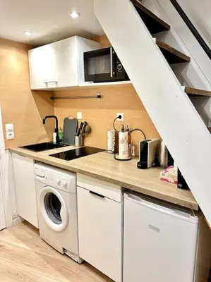 a kitchen with a sink and a washing machine at La Tanière du Bois Flotté in Nice