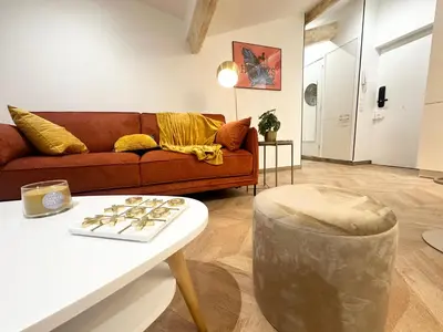 a living room with a couch and a table at Elegant mansardé-place du pin in Nice