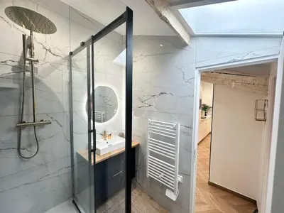 a bathroom with a sink and a glass shower at Elegant mansardé-place du pin in Nice