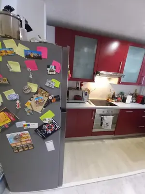 a refrigerator with magnets and papers on it in a kitchen at Les carlins in Nice