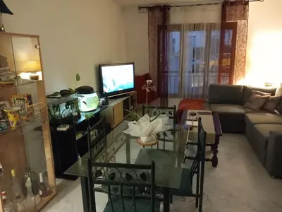 a living room with a table and a television at Les carlins in Nice