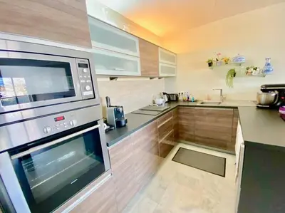 a kitchen with a stove and a microwave at Nice Absea Belles Terres 1 in Nice