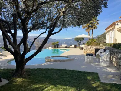 a villa with a swimming pool and a tree at Maison charmante à Aspremont avec piscine privative in Aspremont