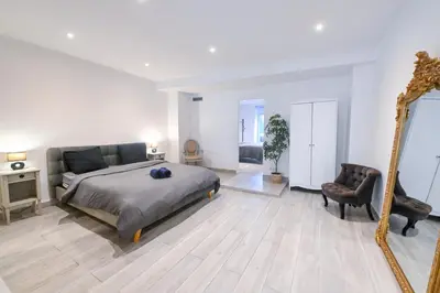 a bedroom with a large bed and a mirror at Loft place Masséna avec terrasse in Nice
