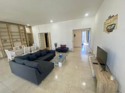 a living room with a blue couch and a television at Grand F3- Centre ville de Nice, Wifi AC in Nice