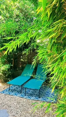 a hammock on a blue mat under a tree at Serenity - Garden Calm & Air Conditioning Downtown in Saint-Laurent-du-Var