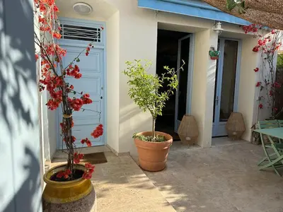 two potted trees in pots next to a door at Magnifique maison de pecheur face à la mer in Cagnes-sur-Mer