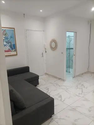 a living room with a black couch and mirrors at Appartement confortable a proximite de la mer. in Nice