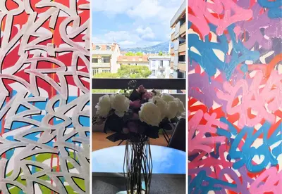 a collage of four pictures with a vase of flowers at Nestor&Jeeves - POP ART - central - balcony in Nice
