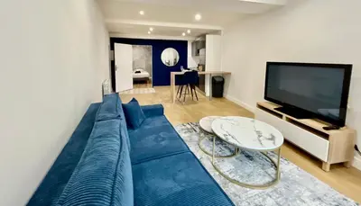 a living room with a blue couch and a tv at Old Town Lovely Apartment in Nice in Nice