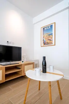 a living room with a table and a tv at Magnifique T2, parking, face mer in Cagnes-sur-Mer