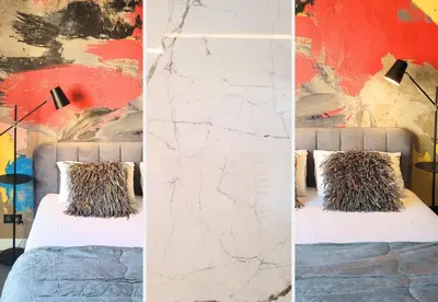 two images of a bedroom with a bed and a wall at Nestor&Jeeves - LE ROYAL LUXEMBOURG - Sea view - Terrace in Nice