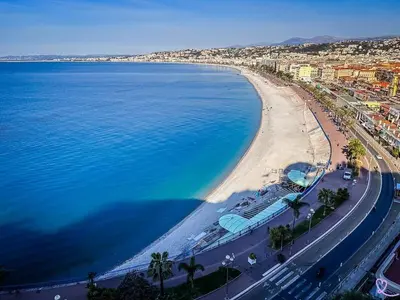 an aerial view of a beach and the ocean at Villa moderne avec piscine vue mer à Nice Bellet in Nice
