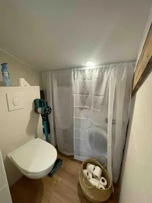 a small bathroom with a toilet and a shower at Beautiful refurbished cozy apartment in Nice