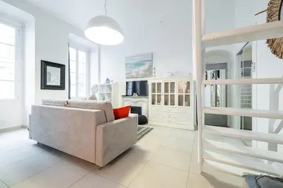 a living room with a couch and a fireplace at La Petite Chaise Bleue Appartement classe 3 etoiles in Nice