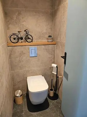 a bathroom with a toilet and a bike on a shelf at Superbe bas de Villa au calme in Cagnes-sur-Mer