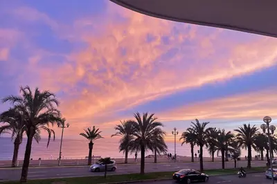 a group of cars driving down a street with palm trees at Luxury apartment on Promenade des Anglais in Nice in Nice